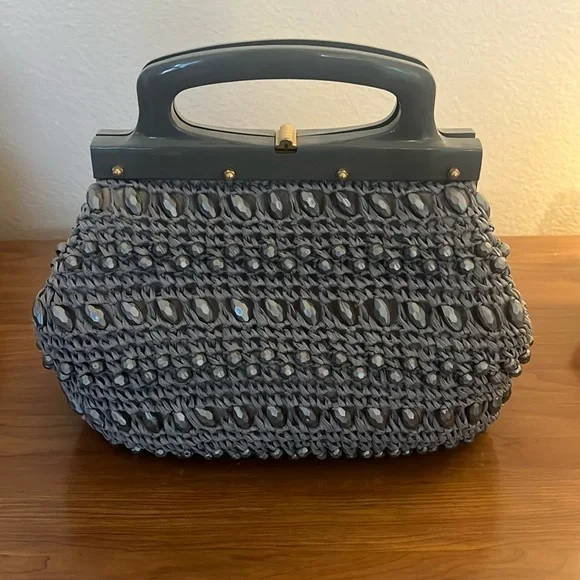 Vintage Dena of Dallas-made in Italy gray beaded handbag - Picture 1 of 11